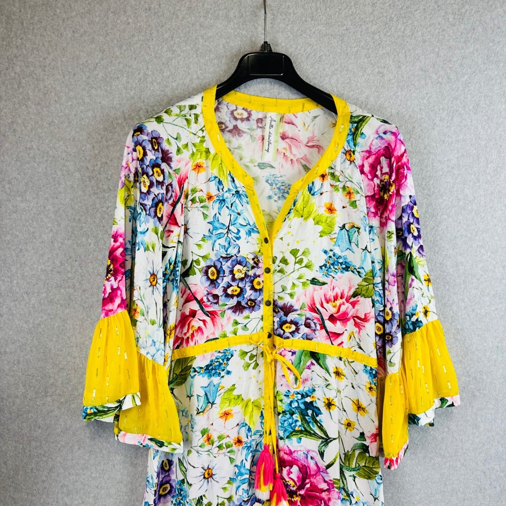 Aratta Silent Journey Large Dress Ibiza Maxie Floral Watercolor Bell Sleeve Art - Picture 3 of 9